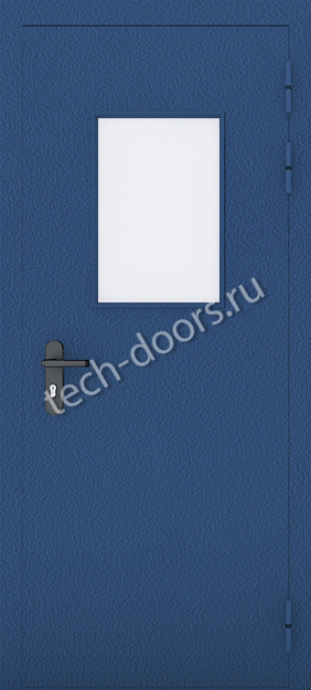 Противопожарная однопольная дверь синяя 980x2050 остекленная